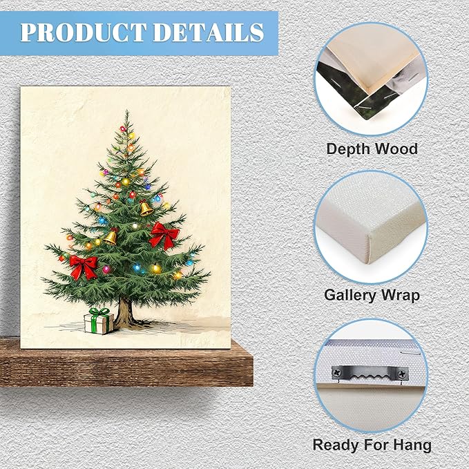 Framed Christmas Pictures Wall Decor,Vintage Pine Tree Prints,Winter Christmas Canvas Wall Art Decoration for Bedroom Bathroom Living Room Rustic Xmas Holiday Gifts (Christmas Tree 9, 12'' X 16'')