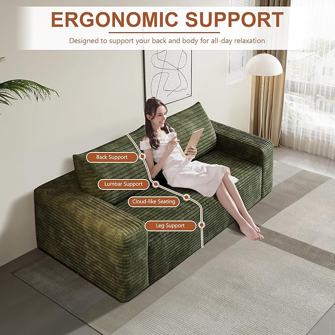 63" Corduroy Loveseat Sofa, 2-Seater Cloud Couch, Boneless Couch in a Box, Comfy Deep Seat Sofa with Memory Foam, Pillows and Wide Armrests, Modern Small Couches for Small Spaces, No Assembly (Green)