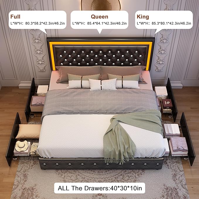 Queen Led Bed Frame with 4 Storage Drawers, Bed Frame with Led Lights, No Box Spring Needed, 900 lbs Capacity, Easy Assembly, PU Black