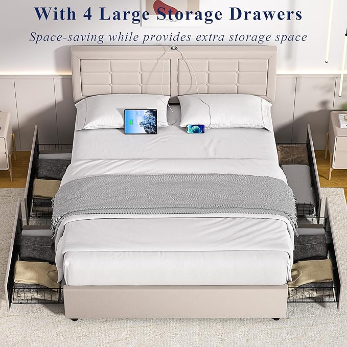 VECELO Full Size Bed Frame with 4 Drawers, Adjustable Tufted Button Headboard, Upholstered Platform with Wood Slats Support, Built-in USB and Type C Ports, Beige