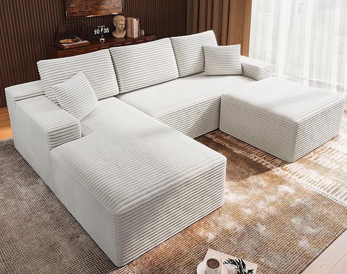 3-Piece Boneless Modular Sectional Sofa, Cloud Couch, Left Facing Chaise with Ottoman, Oversized Deep Seat, Soft Corduroy Fabric, Sectional Couch for Living Room-White