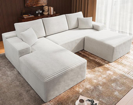 3-Piece Boneless Modular Sectional Sofa, Cloud Couch, Left Facing Chaise with Ottoman, Oversized Deep Seat, Soft Corduroy Fabric, Sectional Couch for Living Room-White