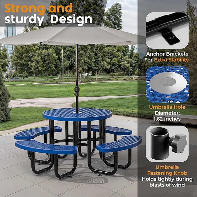 Metal Picnic Tables for Outdoors with Umbrella Hole - Coated Steel Heavy Duty Commercial Grade Furniture Set with Adjustable Seats (Blue, 38 in, Round, Expanded Steel)