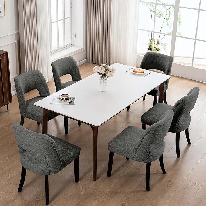 VKNOW Wooden Dining Chairs Set of 6, Modern Fabric Upholstered Dining Room Chair Kitchen Chairs, Farmhouse Dinner Chair for Kitchen Dining Room, Dark Grey-Black Legs