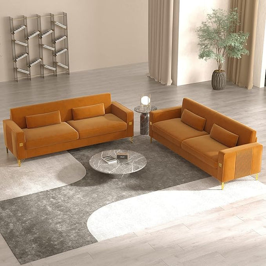 2PCS 85.63" Orange Velvet Sofa,Modern Loveseat Couch with Pillows Set of 2 for Living Room,Bedroom,Apartment Furniture with Gold Metal Legs