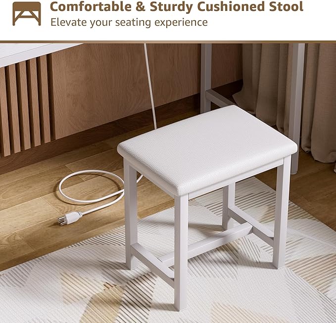 Girls Vanity Desk with Mirror and Lights Small Makeup Vanitys Set with Chair Fabric Drawers Power Outlet, Dressing Table Vanities for Kids Bedroom 40“ White