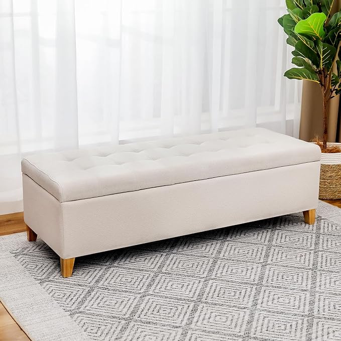 Joveco Storage Ottoman Bench, 51" Rectangle Long Bench, for Bedroom, End Foot of Bed, Living Room, Entryway, Beige