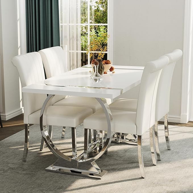 ACEDÉCOR 60in White and Silver Dining Table for 4-6, Modern Luxury Kitchen Room Table with Rectangular Lacquer Top and Silver Stainless Steel Circle Base