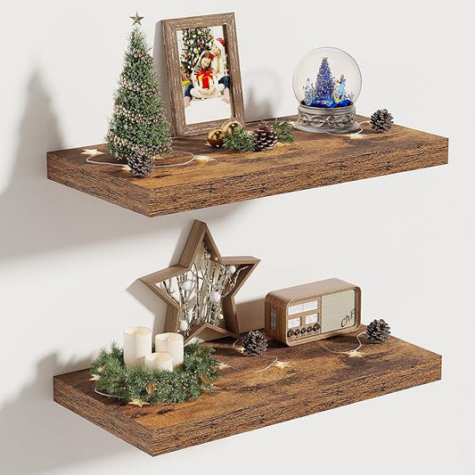 Vivelove 10 Inch Deep Floating Shelves 16 inch Long, 16 x 10 Wide Wall Shelves with Invisible Brackets, for Bedroom Bathroom Living Room Kitchen Office, Farmhouse Home Decor, Set of 2, Rustic Brown