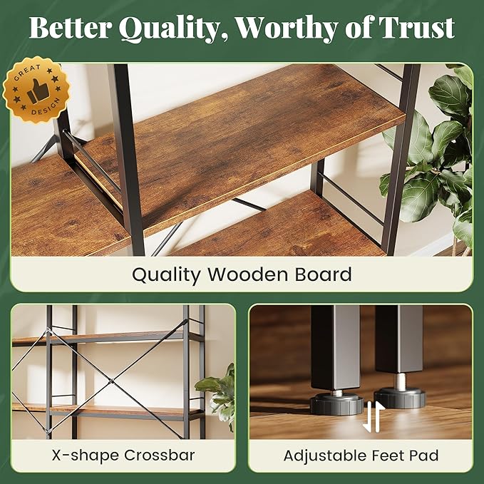 Huuger 6 Tier Bookshelf, L Shaped Corner Bookshelf with Open Shelves, 49.4 Inch Straight Wide Bookcase with Metal Frame and Wooden Board, Adjustable Feet, Rustic Brown