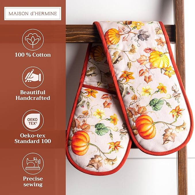Maison d' Hermine Double Oven Mitt (7" x 35") 100% Cotton Heat Resistant BBQ Cooking Gloves with Loop for Thanksgiving Christmas Decorations Baking Cooking Barbeque Handling Hot Pan (Potiron)