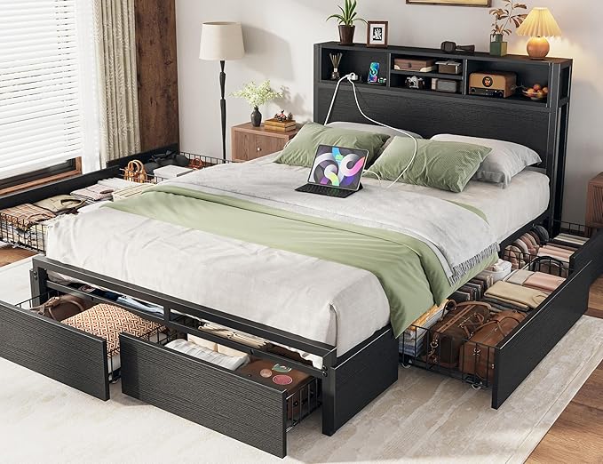 EnHomee Full Size Bed Frame with 6 Storage Drawers Full Bed Frame with Headboard, Storage Bed with Charging Station, No Noise,No Box Springs Needed,Black
