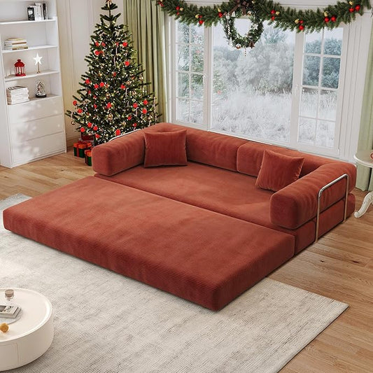 Antetek Convertible Futon Sofa Bed, 3-Seater Modern Corduroy Foam Floor King Size Bed Fold Out Sleeper Lounge Loveseat Sofa Couch with 2 Throw Pillows for Living Room Bedroom Guest Room, Tangerine
