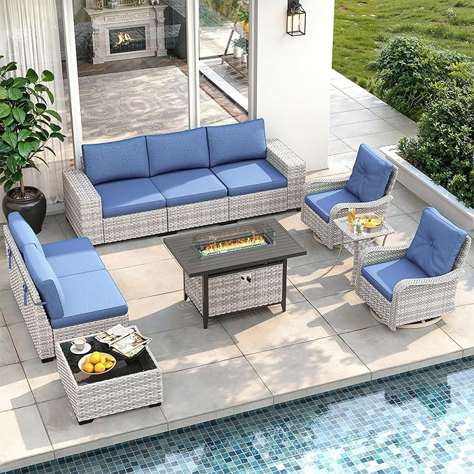 10 Piece Outdoor Wicker Rattan Sectional Sofa Set with Swivel Chairs & Fire Pit Table, 7-Seats with 4" Thickened Cushions & Coffee Table, All-Weather PE Rattan for Garden, Backyard, Porch, Blue