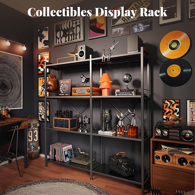 Huuger 4 Tier Bookshelf, L Shaped Corner Bookshelf with 8 Open Shelves, 49.4 Inch Straight Wide Bookcase with Metal Frame and Wooden Board, Adjustable Feet, Black