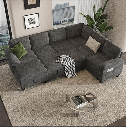 100" Modular Sectional Sleeper Sofa with Pull Out Bed,U Shaped 7 Seat Sectional Sofa with Storage,Modular Couch for Living Room,Deep Seat Couch with Removable Sofa Cover,Gray