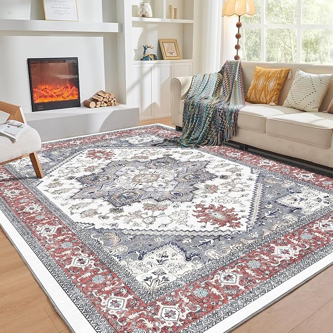 OPPODREAM Thin 8x10 Area Rugs, Washable Rugs 8x10 with Non Slip Backing, Faux Cashmere Low-Pile 8 x 10 Carpet, Red & Grey