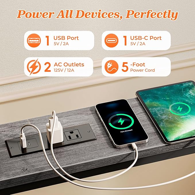 SUPERJARE 102 Inch Sofa Table with 2 Power Outlets and USB-C Ports, 5.9 Inch Narrow Console Table with Storage, Extra-Long, for Entryway Hallway Couch Behind Sofa, Small Spaces, Living Room, Grey