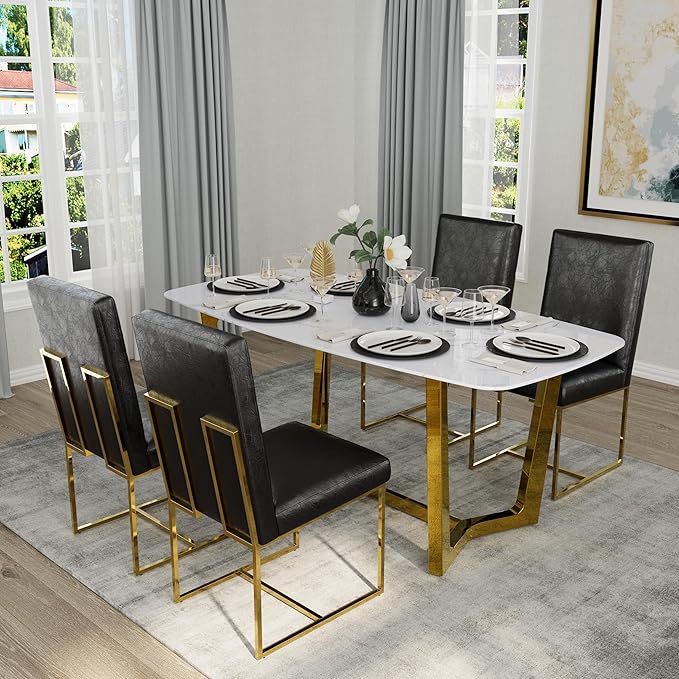 AUZ Dining Chairs, Black and Gold Faux Leather Upholstered Dining Room Chairs with Polished Stainless Steel Legs, Set of 2