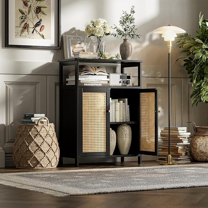 Bamboo Floor Rattan Cabinet, Bathroom Storage Organizer Rack with 2 Doors and 1 Shelf, Space Saving Wood Kitchen Cupboard, Hallway Side Table, Living Room Freestanding Stand (Black)