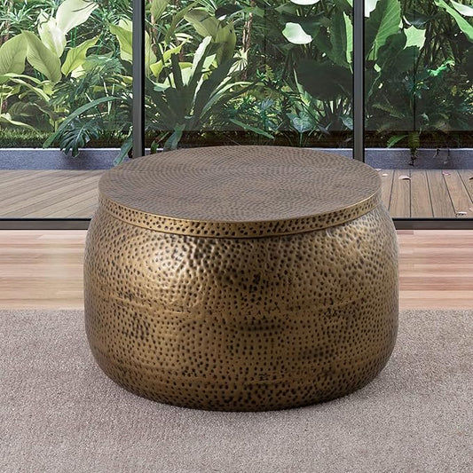 Albany Living Modern Round Aluminum Hammered Embossed Texturing, Metal Drum Coffee Table with Removable Lid for Storage,Fully Assembled, for The Living Room and Bedroom, Brass