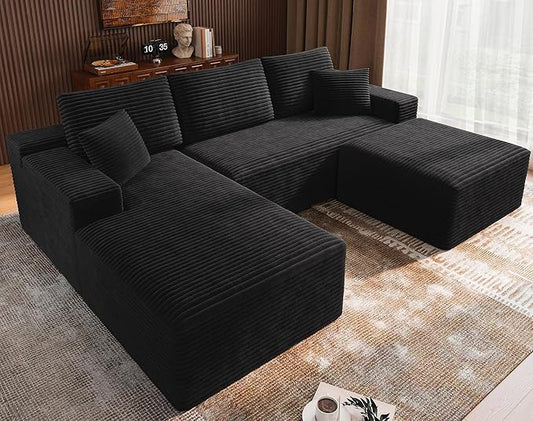 3-Piece Boneless Modular Sectional Sofa, Cloud Couch, Left Facing Chaise with Ottoman, Oversized Deep Seat, Soft Corduroy Fabric, Sectional Couch for Living Room-Black