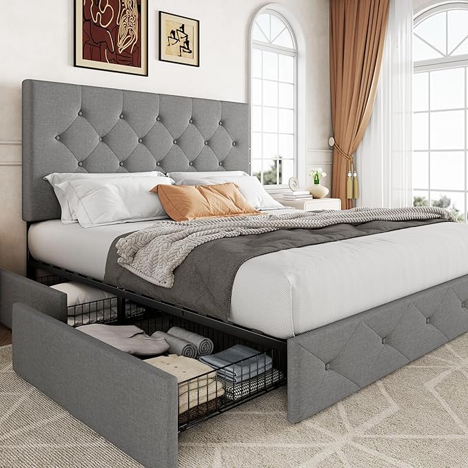 Allewie Upholstered Full Size Platform Bed Frame with 4 Storage Drawers and Headboard, Diamond Stitched Button Tufted, Mattress Foundation with Wooden Slats Support, No Box Spring Needed, Light Grey