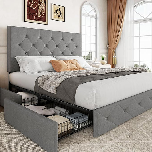 Allewie Upholstered Full Size Platform Bed Frame with 4 Storage Drawers and Headboard, Diamond Stitched Button Tufted, Mattress Foundation with Wooden Slats Support, No Box Spring Needed, Light Grey