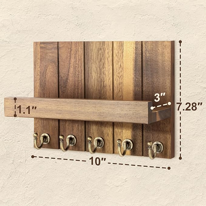Rebee Vision Acacia Wood Key Holder Wall Mount – Farmhouse Key Holder for Wall & Mail Organizer with Shelf for Home Decor – Ideal for Apartment Essentials (Acacia Wood, 3.54" x 10" x 7.28")