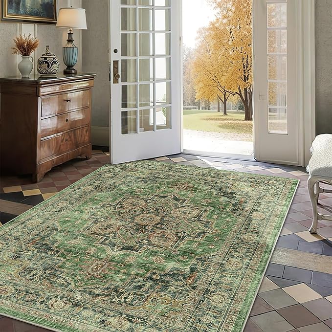 3x5 Area Rug Vintage Rugs for Indoor Entrance Stain Resistant Washable Entryway Rug Ultra Soft Low Pile Lightweight Carpet Faux Wool Rugs for Living Room Bedroom Playroom Home Office