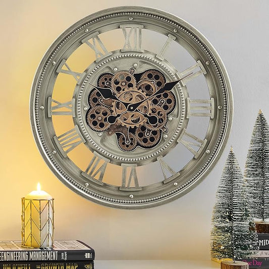 CLXEAST 24 Inch Wall Clock with Moving Gears, Oversized Large Roman Numeral Wall Clocks for Living Room Decor,Antique Champagne Finish,House Warming Gifts New Home