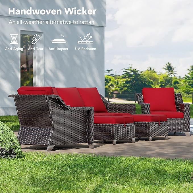 6 Pieces Wicker Patio Furniture, Luxury Outdoor Conversation Sets with 2 Patio Rattan Chair, 3-Seater Sofa, 2 Patio Ottoman and 1 Coffee Table, Wide Armrest, Thickened Cushions
