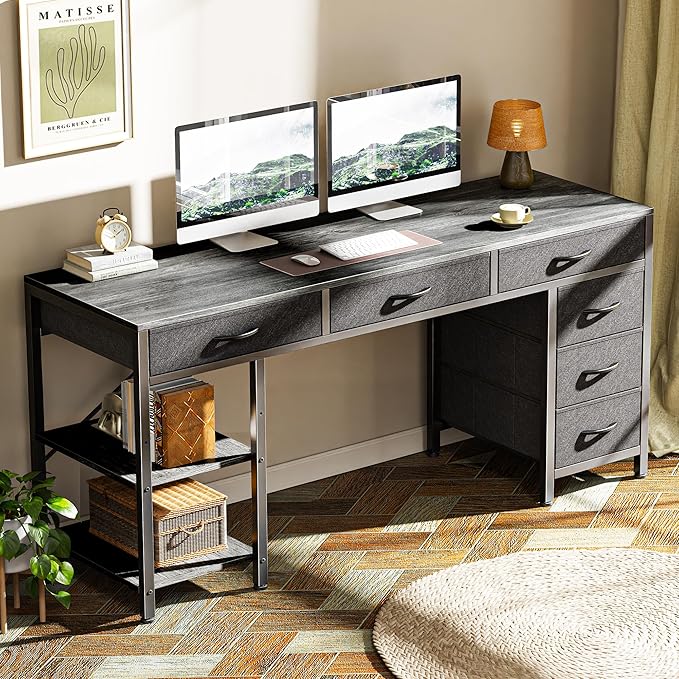 Huuger Computer Desk with 6 Drawers, 47 Inch Office Desk with Shelves, Reversible Gaming Desk, Corner Desk with Storage, Work for Home Office, Study, Living Room, Gray