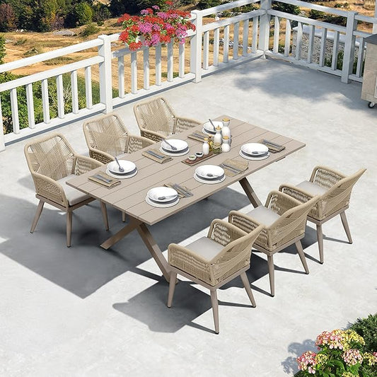PURPLE LEAF Outdoor Patio Dining Set All-Weather PE Rattan Furniture Set with All Aluminum Frame Rectangular 7 Pieces Table and Chairs Set for 6 People Lawn Garden Backyard Deck, Champagne