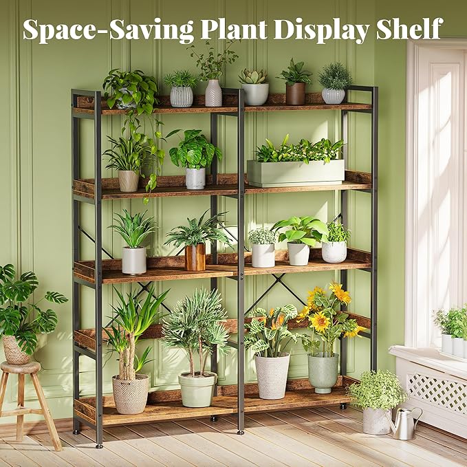 Huuger 5 Tier Bookshelf, Display Bookshelf with 10 Open Shelves and Raised Baffle, 47.2 Inch Straight Wide Bookcase with Metal Frame and Wooden Board, Adjustable Feet, Rustic Brown