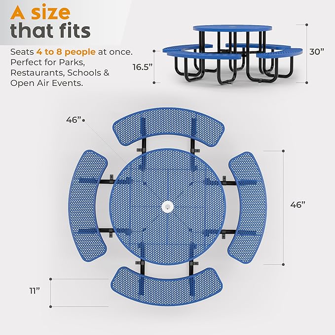 Metal Picnic Tables for Outdoors with Umbrella Hole - Coated Steel Heavy Duty Commercial Grade Furniture Set with Adjustable Seats (Blue, 46 in, Round, Expanded Steel)
