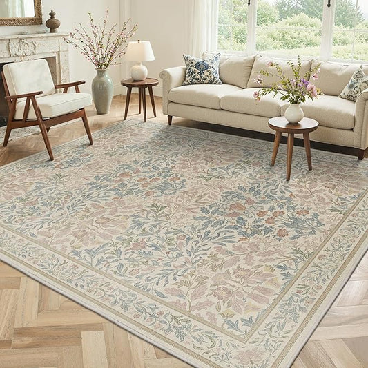 GENIMO 5x7 Washable Area Rug, Non-Slip Vintage Boho Floral Carpet, Soft Low-Pile Thin Bedroom Rug for Living Room, Dining Room, Nursery, Beige Pink