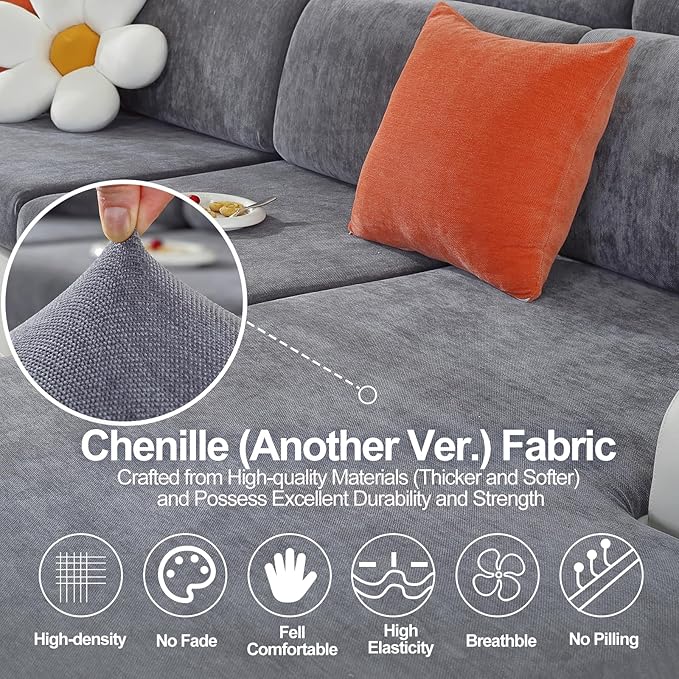 Sectional Couch Covers for L Shaped Sectional Sofa (Left or Right Facing) – Softer Chenille Sofa Covers Washable, Non-Slip Stretch Chaise Slipcover (Only 1 Piece, Dark Grey)