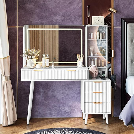 GarveeHome Fluted Makeup Vanity Desk with Lights, 48 in Big Vanity with Glass Top and Large 36" HD Lighted Mirror, Modern Dressing Table with 5 Drawers 3-Tier Shelves Set w/Charging Station (White)