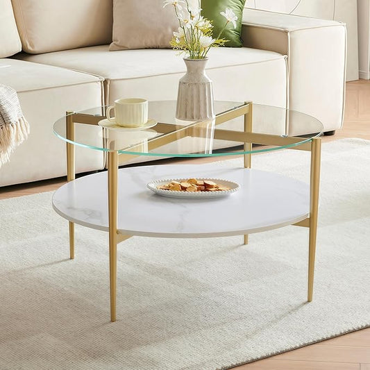 Shrine Modern Coffee Table with Glass Top, Round Table for Living Room, Two-Tier 30-Inch White Wooden Storage Coffee Table, Gold Table Legs Structure & Clear Glass Top