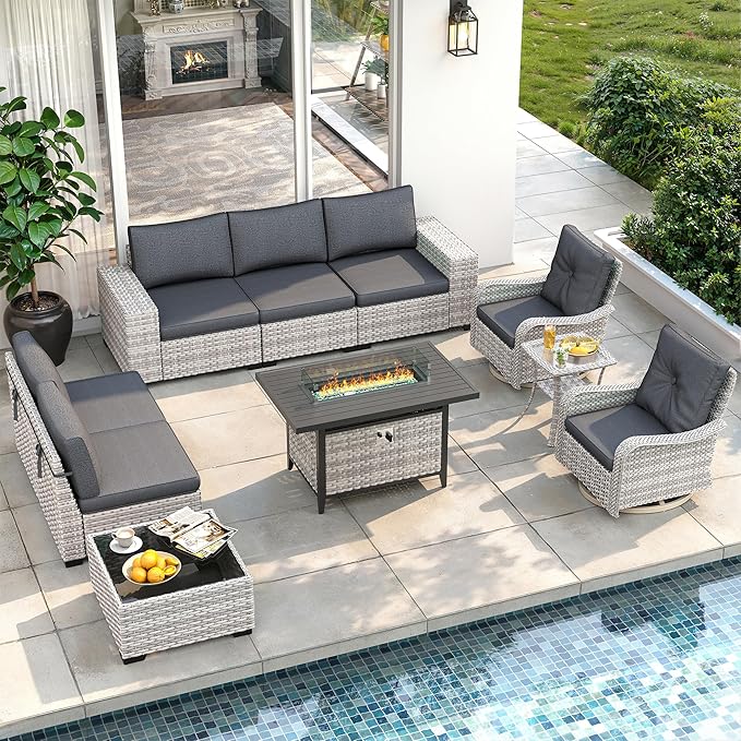 10 Piece Outdoor Wicker Rattan Sectional Sofa Set with Swivel Chairs & Fire Pit Table, 7-Seats with 4" Thickened Cushions & Coffee Table, All-Weather PE Rattan for Garden, Backyard, Porch, Black