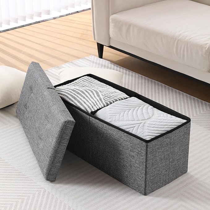 CUYOCA Storage Ottoman Bench Foldable Seat Footrest Shoe Bench End of Bed Storage with Flipping Lid, 75L Storage Space, 30 inches Linen Fabric Dark Grey