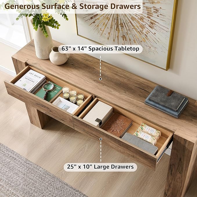 OKD Modern Entryway Console Table, Sofa Table with Drawers, 63" Long Hall Table Behind Couch, Thick Wood Design for Living Room, Hallway - Rustic Oak