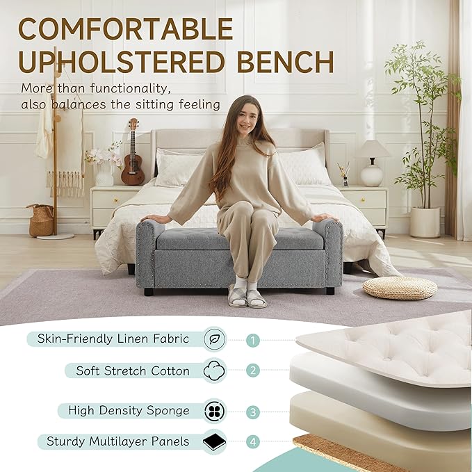 Ottoman with Storage, Tufted Storage Bench for Bedroom, 48" Fabrics End of Bed Bench, Upholstered Entryway Shoe Benches with Rolled Arm & Inner Zipper, Window Ottomans Chest with Rivets, Drak Grey