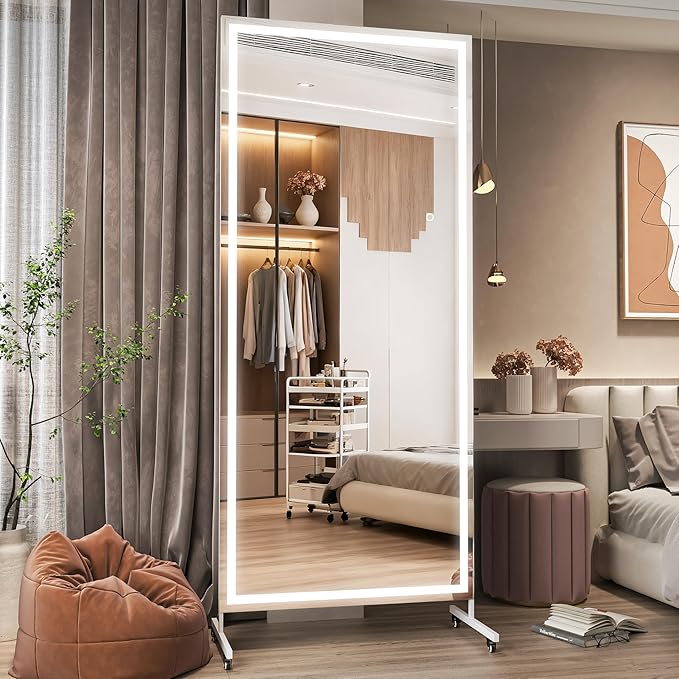 Hasipu Home Gym Mirror with Light 360° Swivel on Wheels, 65" x 22" Extra Large Full Length Rolling LED Mirror for Yoga Studio, Bedroom, Dancing Studio, White