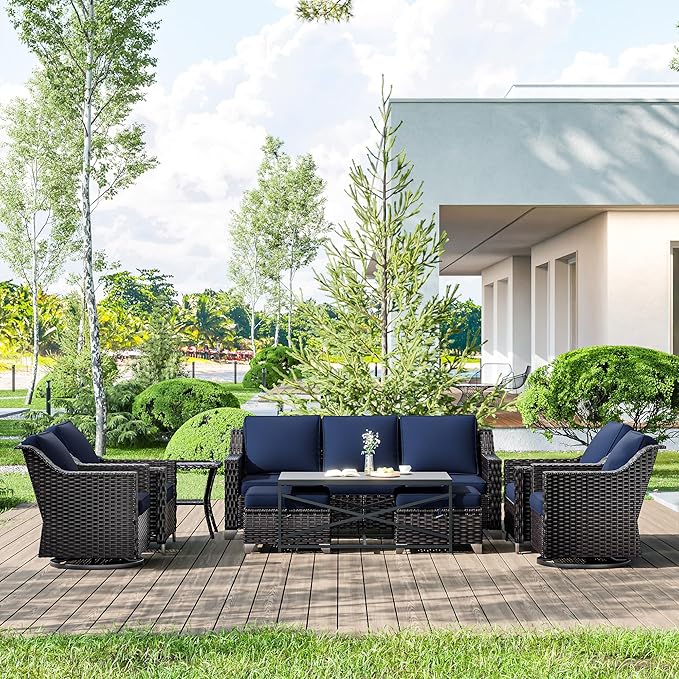 9 Pieces Wicker Patio Furniture, Luxury Outdoor Furniture with 2 Patio Swivel Chair, 2 Chair, 3-Seater Sofa, 2 Ottoman, 1 Coffee Table and 1 Side Table, Wide Armrest, Thickened Cushions