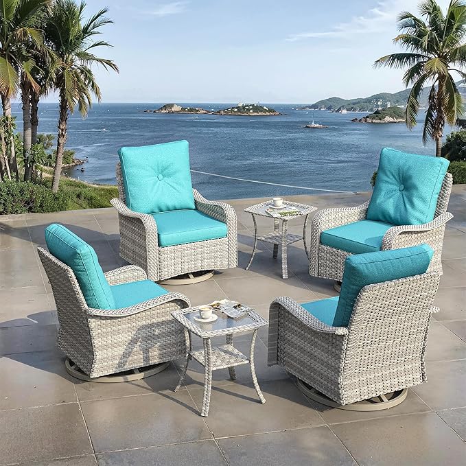 6 Piece Outdoor Wicker Patio Furniture Set,High Back Swivel Rocker Patio Chairs with 4" Thickened Cushions & Side Table, All-Weather PE Rattan for Garden, Backyard, Porch, Navy