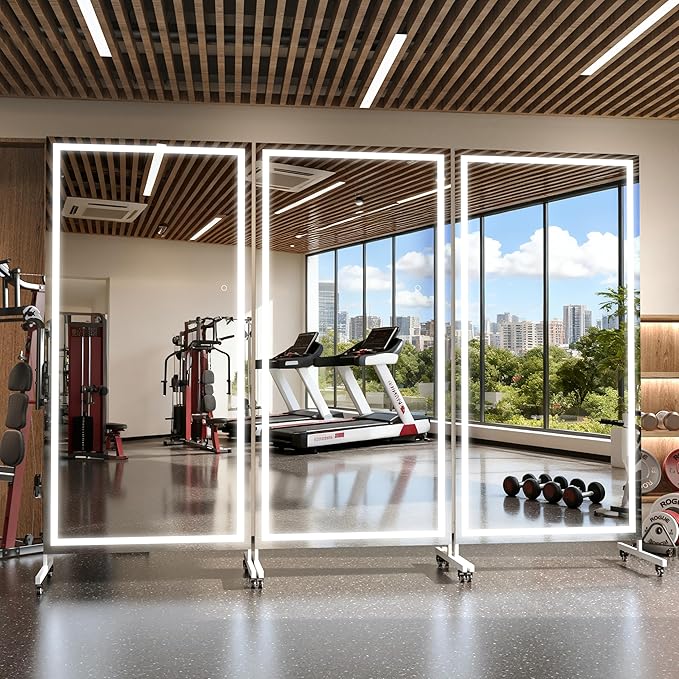 Hasipu Home Gym Mirror with Light 360° Swivel on Wheels, 71" x 36" Extra Large Full Length Rolling LED Mirror for Yoga Studio, Bedroom, Dancing Studio, White