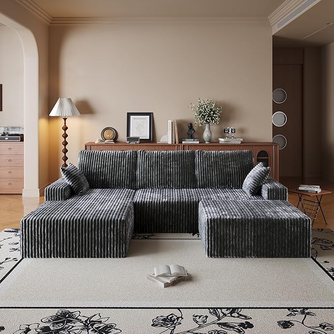108" U Shaped Sectional Couch with Ottoman, Corduroy Modular Sectional Sofa with Deep Seat, Modern Modular L-Shape Sofa Couch with Chaise,Upholstered Boneless Couches for Living Room Bedroom