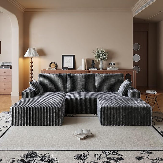 108" U Shaped Sectional Couch with Ottoman, Corduroy Modular Sectional Sofa with Deep Seat, Modern Modular L-Shape Sofa Couch with Chaise,Upholstered Boneless Couches for Living Room Bedroom
